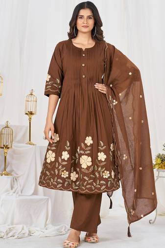 coffee cotton anarkali kurti pant dupatta set