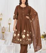 coffee cotton anarkali kurti pant dupatta set