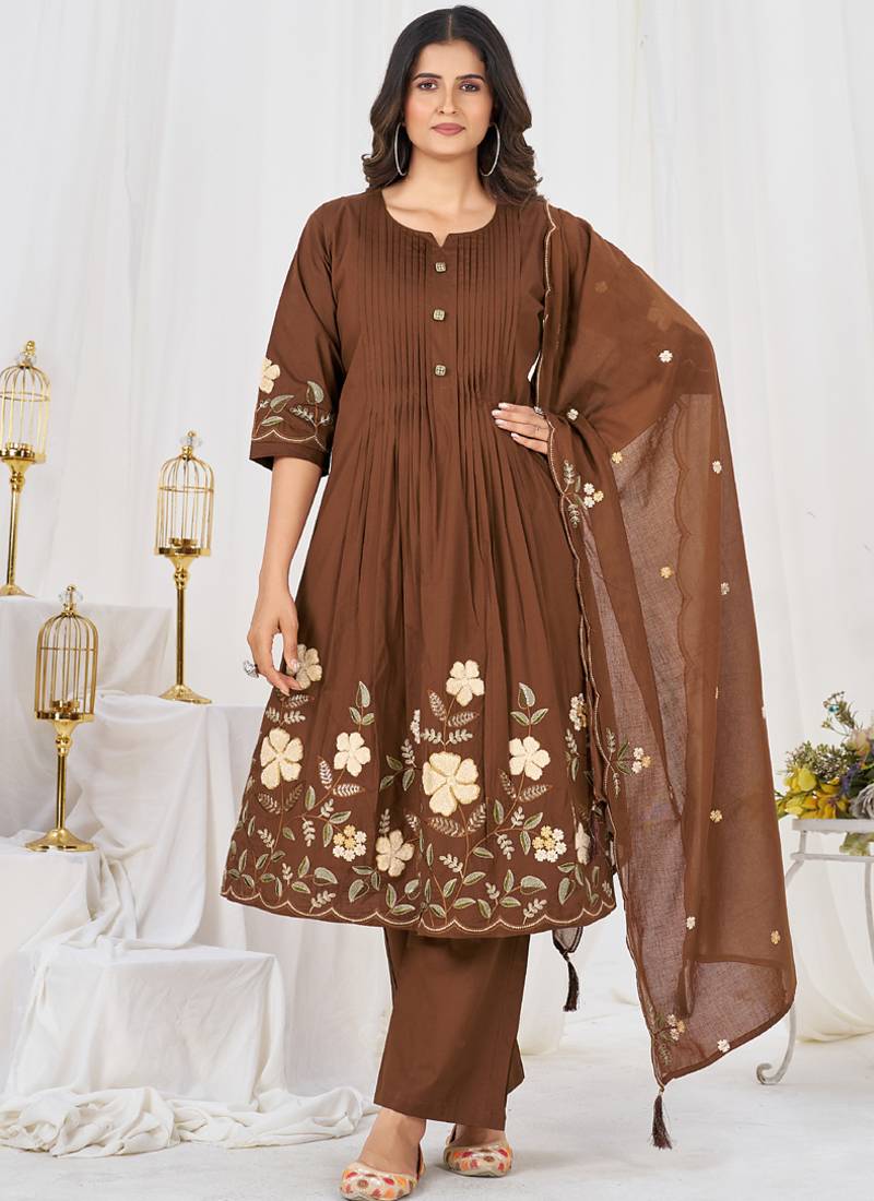 coffee cotton anarkali kurti pant dupatta set
