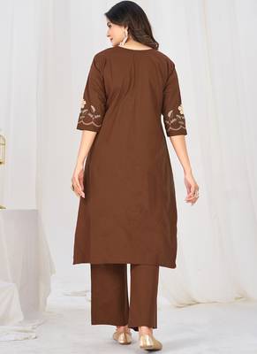 coffee cotton anarkali kurti pant dupatta set 2