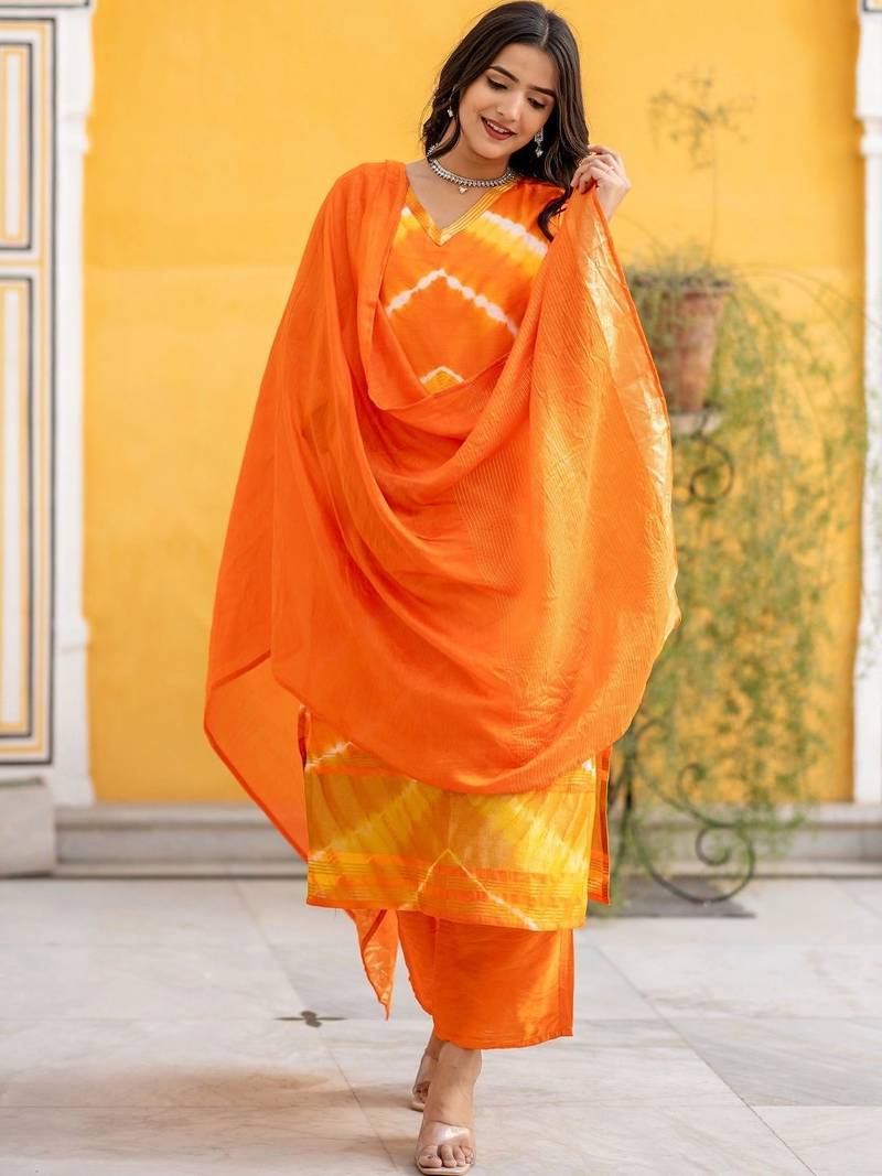 Women Dyed Regular Kurta with Palazzos & With Dupatta