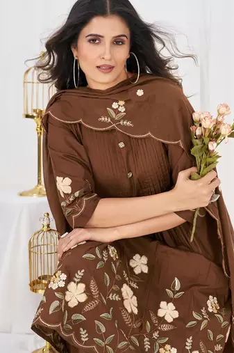 coffee cotton anarkali kurti pant dupatta set