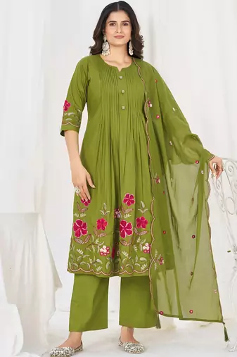 green cotton anarkali kurti pant dupatta set