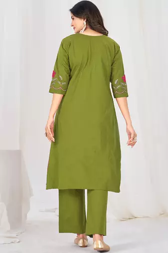 green cotton anarkali kurti pant dupatta set