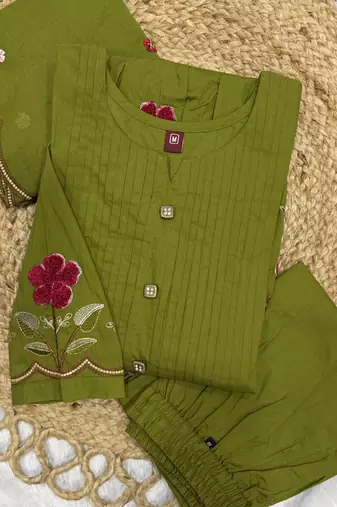 green cotton anarkali kurti pant dupatta set