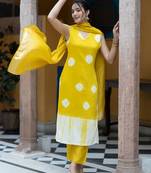 Shibori Dyed V-Neck Pure Silk Straight Kurta with Trousers & Dupatta
