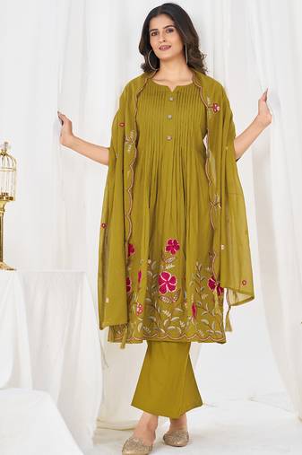 mahendi cotton anarkali kurti pant dupatta set