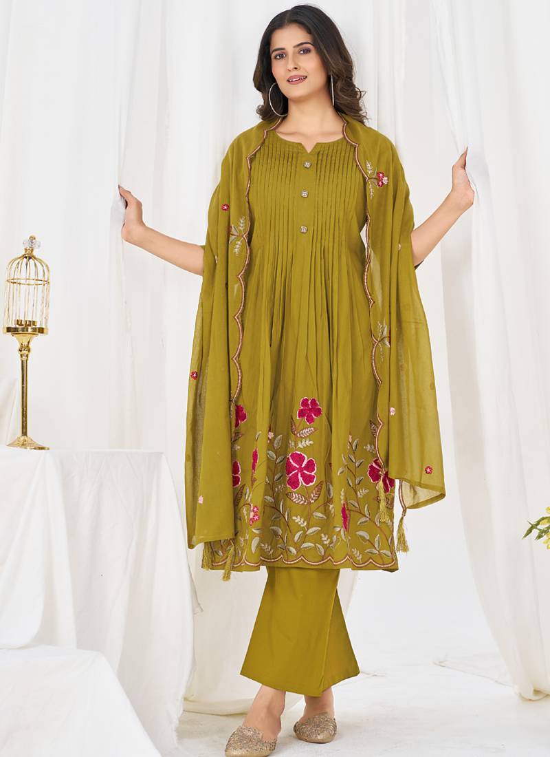 mahendi cotton anarkali kurti pant dupatta set