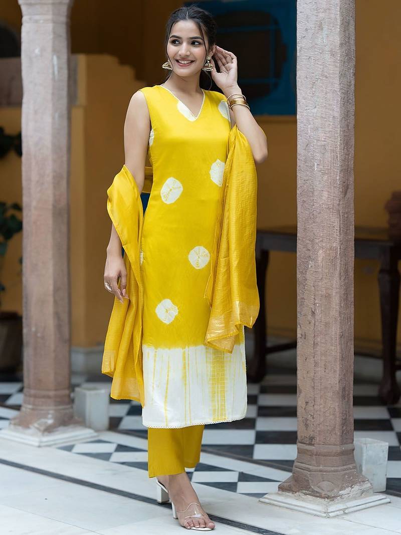 Shibori Dyed V-Neck Pure Silk Straight Kurta with Trousers & Dupatta