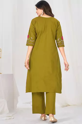 mahendi cotton anarkali kurti pant dupatta set