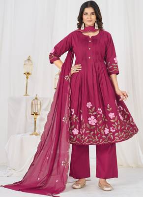 pink cotton anarkali kurti pant dupatta set 1