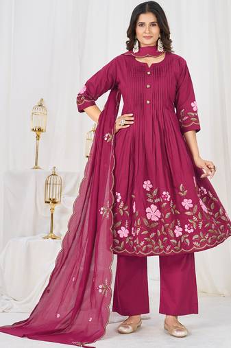pink cotton anarkali kurti pant dupatta set