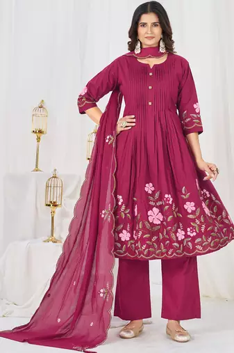 pink cotton anarkali kurti pant dupatta set