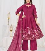 pink cotton anarkali kurti pant dupatta set