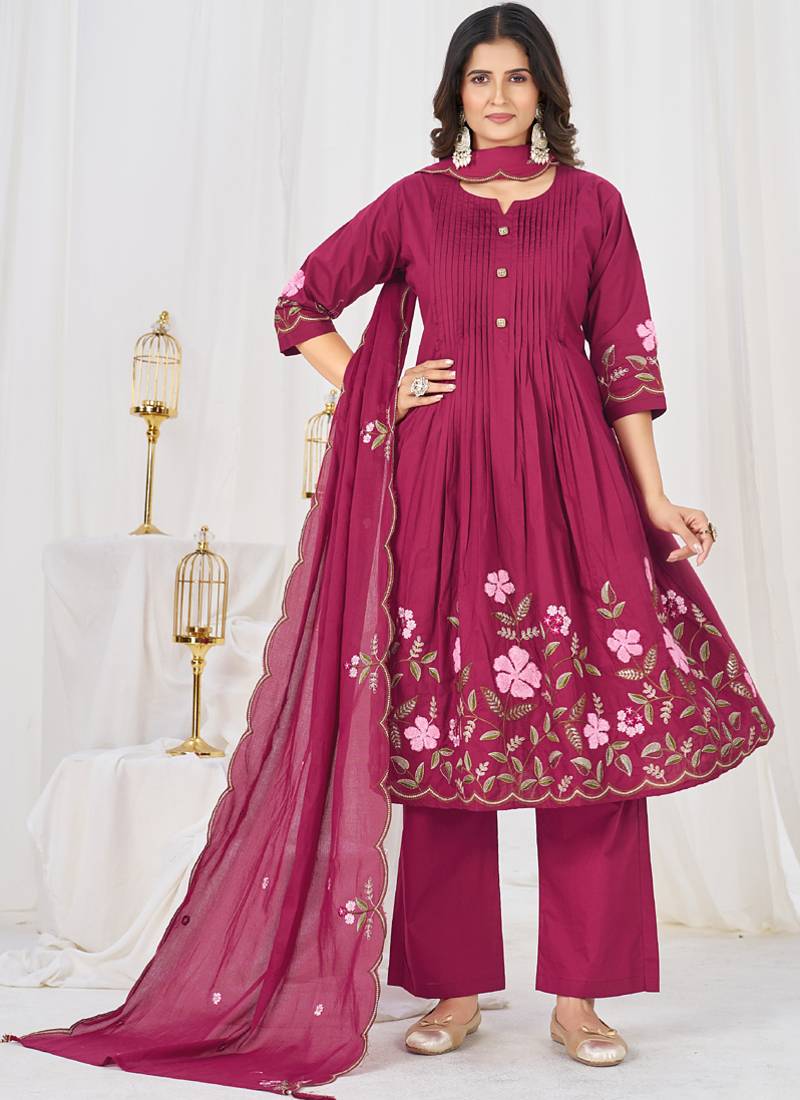 pink cotton anarkali kurti pant dupatta set