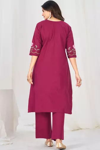 pink cotton anarkali kurti pant dupatta set