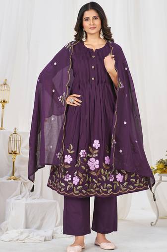 purple cotton anarkali kurti pant dupatta set