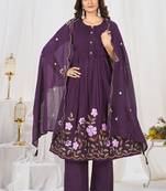 purple cotton anarkali kurti pant dupatta set