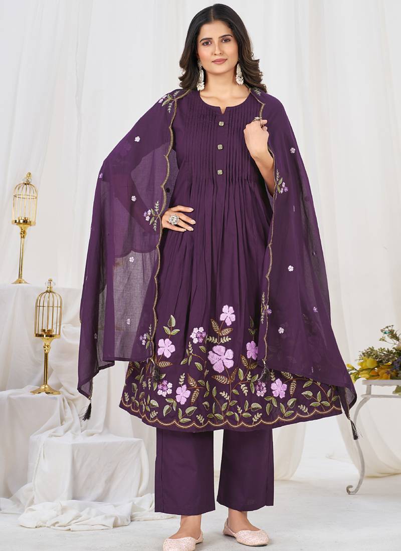 purple cotton anarkali kurti pant dupatta set