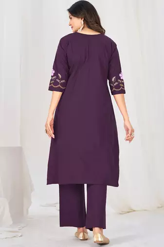 purple cotton anarkali kurti pant dupatta set