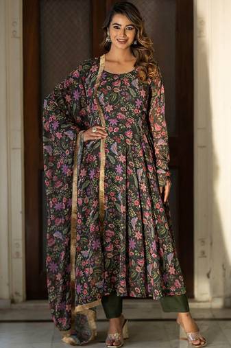 Floral Printed Round Neck Long Sleeves Anarkali Kurta with Trousers & Dupatta