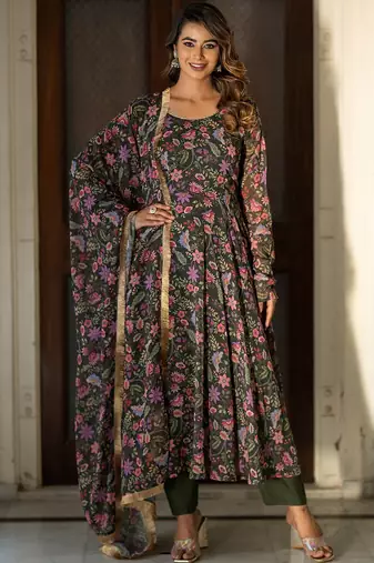 Floral Printed Round Neck Long Sleeves Anarkali Kurta with Trousers & Dupatta