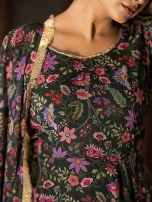 Floral Printed Round Neck Long Sleeves Anarkali Kurta with Trousers & Dupatta 2