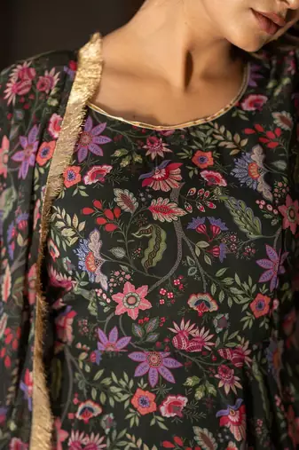 Floral Printed Round Neck Long Sleeves Anarkali Kurta with Trousers & Dupatta