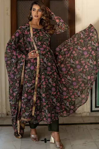 Floral Printed Round Neck Long Sleeves Anarkali Kurta with Trousers & Dupatta