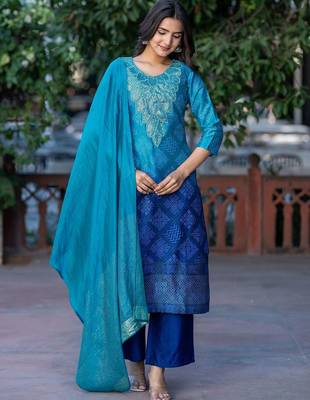 Bandhani Printed Sequinned Round Neck Kurta with Trousers & Dupatta 1