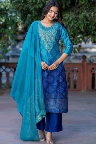Bandhani Printed Sequinned Round Neck Kurta with Trousers & Dupatta
