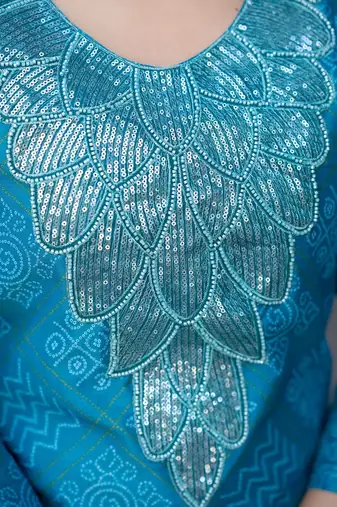 Bandhani Printed Sequinned Round Neck Kurta with Trousers & Dupatta