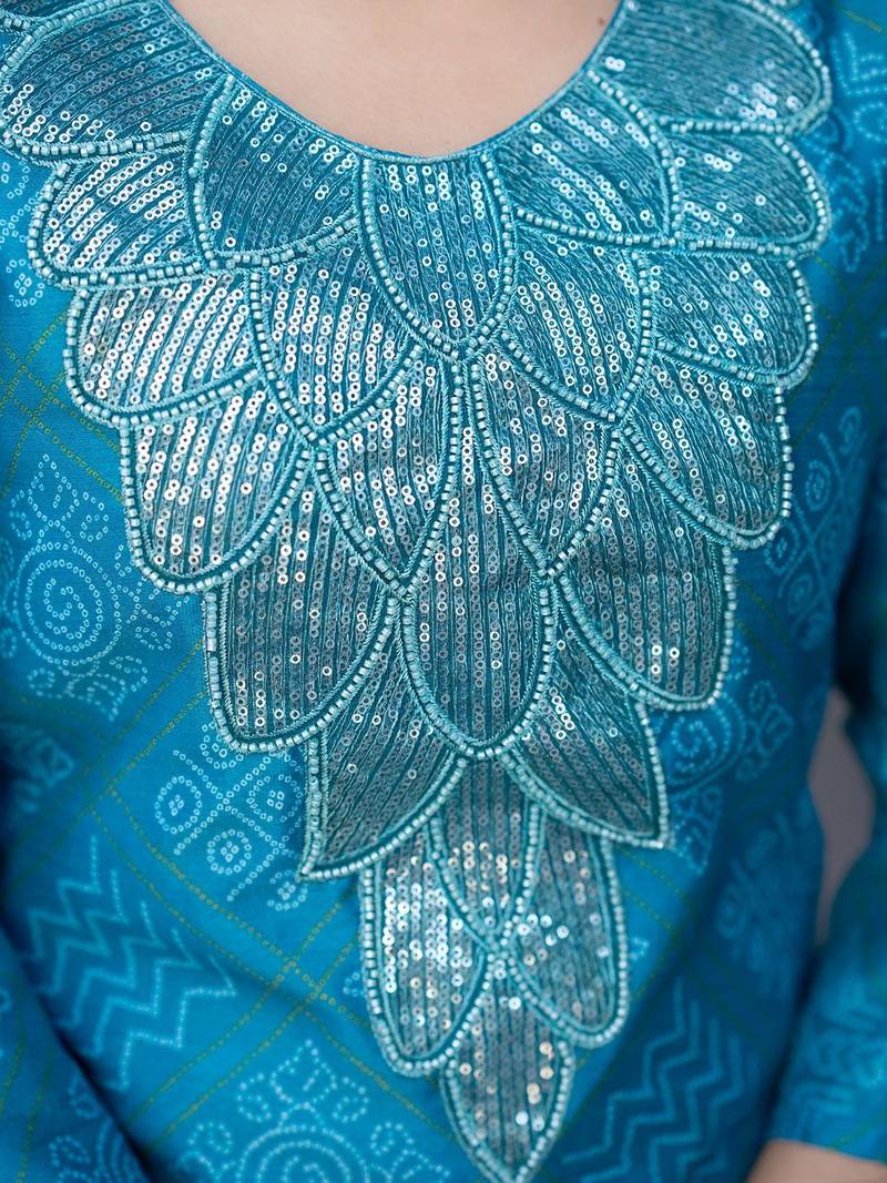 Bandhani Printed Sequinned Round Neck Kurta with Trousers & Dupatta
