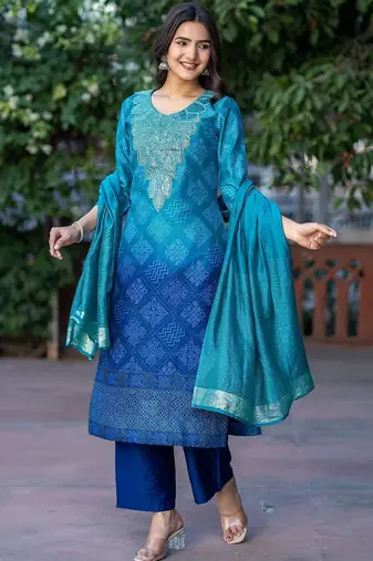 Bandhani Printed Sequinned Round Neck Kurta with Trousers & Dupatta