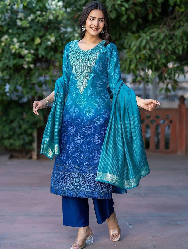 Bandhani Printed Sequinned Round Neck Kurta with Trousers & Dupatta