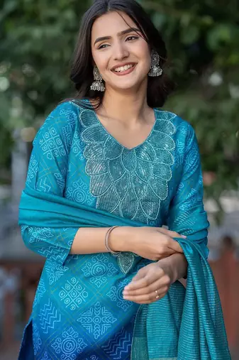 Bandhani Printed Sequinned Round Neck Kurta with Trousers & Dupatta