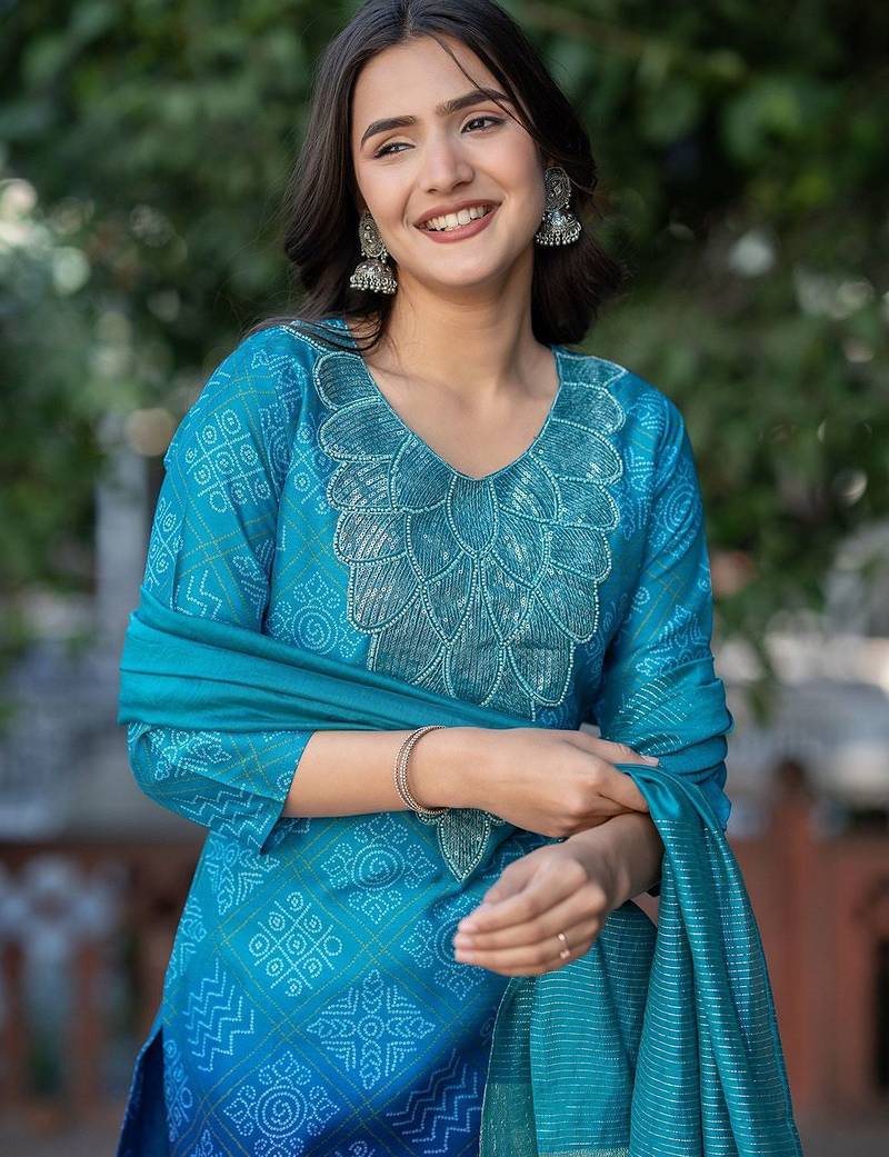 Bandhani Printed Sequinned Round Neck Kurta with Trousers & Dupatta