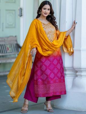 Bandhani Printed Sequinned Round Neck Kurta with Trousers & Dupatta 1