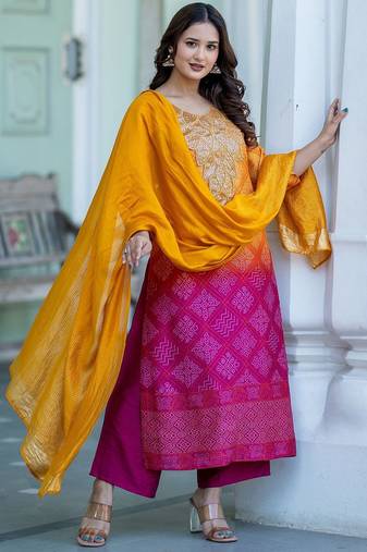 Bandhani Printed Sequinned Round Neck Kurta with Trousers & Dupatta