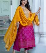 Bandhani Printed Sequinned Round Neck Kurta with Trousers & Dupatta