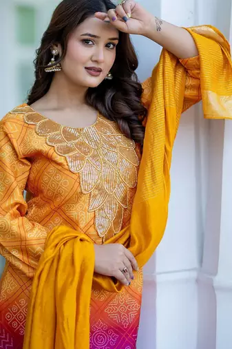 Bandhani Printed Sequinned Round Neck Kurta with Trousers & Dupatta