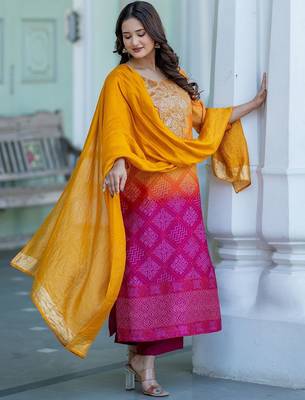 Bandhani Printed Sequinned Round Neck Kurta with Trousers & Dupatta 3