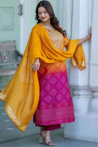 Bandhani Printed Sequinned Round Neck Kurta with Trousers & Dupatta