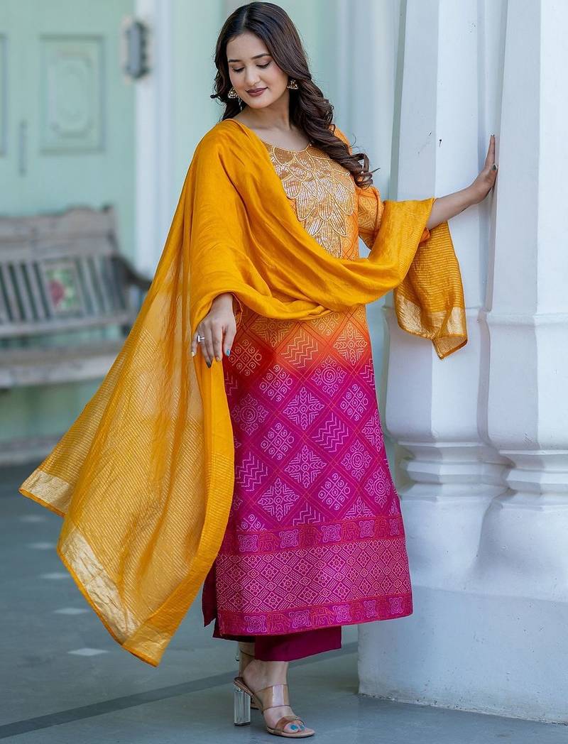 Bandhani Printed Sequinned Round Neck Kurta with Trousers & Dupatta