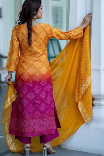 Bandhani Printed Sequinned Round Neck Kurta with Trousers & Dupatta