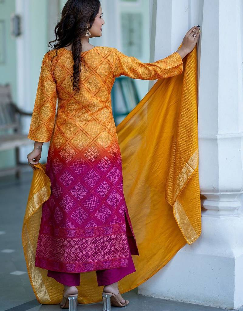 Bandhani Printed Sequinned Round Neck Kurta with Trousers & Dupatta