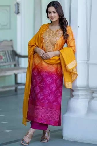 Bandhani Printed Sequinned Round Neck Kurta with Trousers & Dupatta
