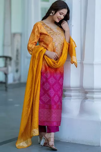 Bandhani Printed Sequinned Round Neck Kurta with Trousers & Dupatta