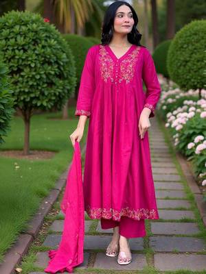 Women Ethnic Motifs Embroidered Panelled Thread Work Chanderi Silk Kurta with Trousers & With Dupatta 2