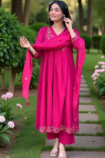 Women Ethnic Motifs Embroidered Panelled Thread Work Chanderi Silk Kurta with Trousers & With Dupatta
